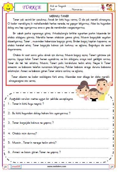 3. Sınıf Türkçe Okuma ve  Anlama Etkinliği ( Meraklı Taner )